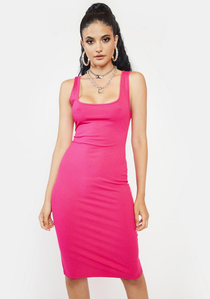 neon pink ribbed dress Katie Ribbed Midi Dress