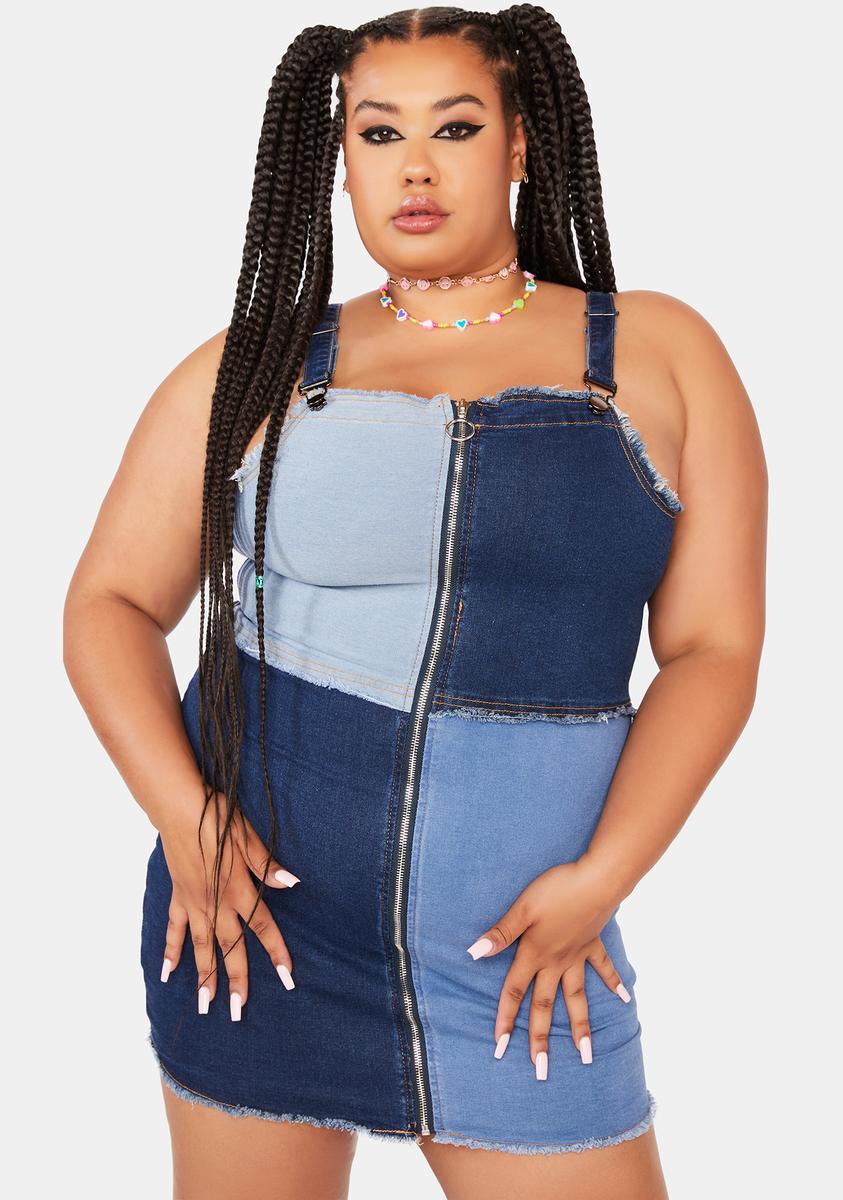 Plus Size Denim Colorblock Mini Dress - Blue Dolls Kill Plus Size Denim Colorblock Mini Dress - Blue Dolls Kill