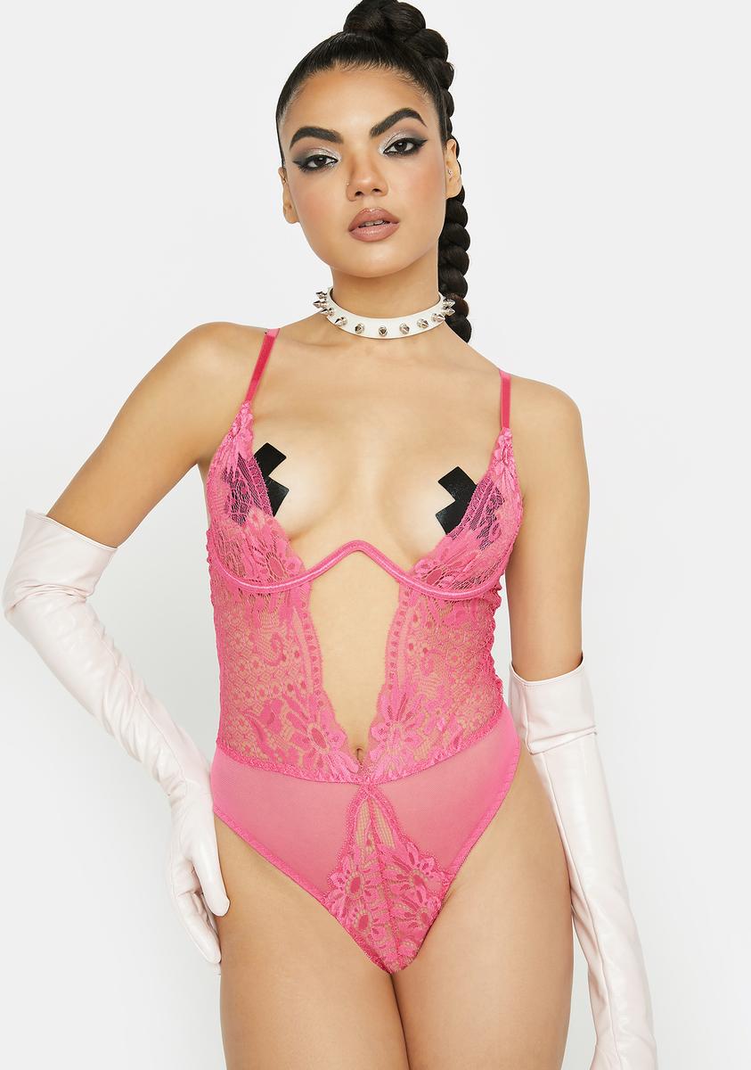 Monowire Mesh Floral Lace Thong Teddy Bodysuit - Dark Hot Pink