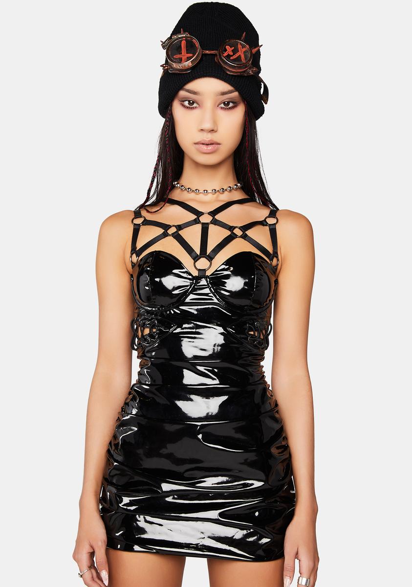 Darker Wavs Shiny Vinyl Harness Mini Dress - Black – Dolls Kill
