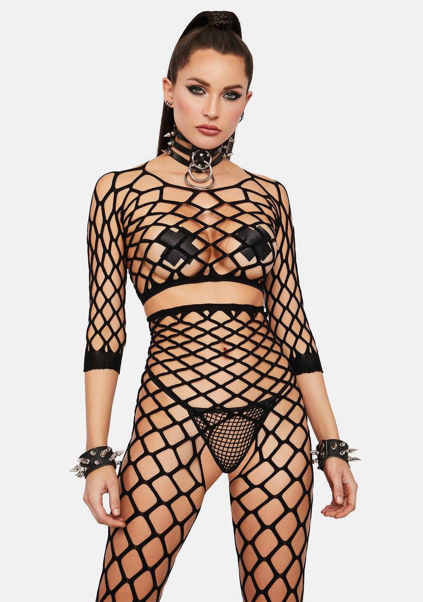 Fishnet Crop Top And Crotchless Leggings Set - Black Dolls Kill Fishnet Crop Top And Crotchless Leggings Set - Black Dolls Kill