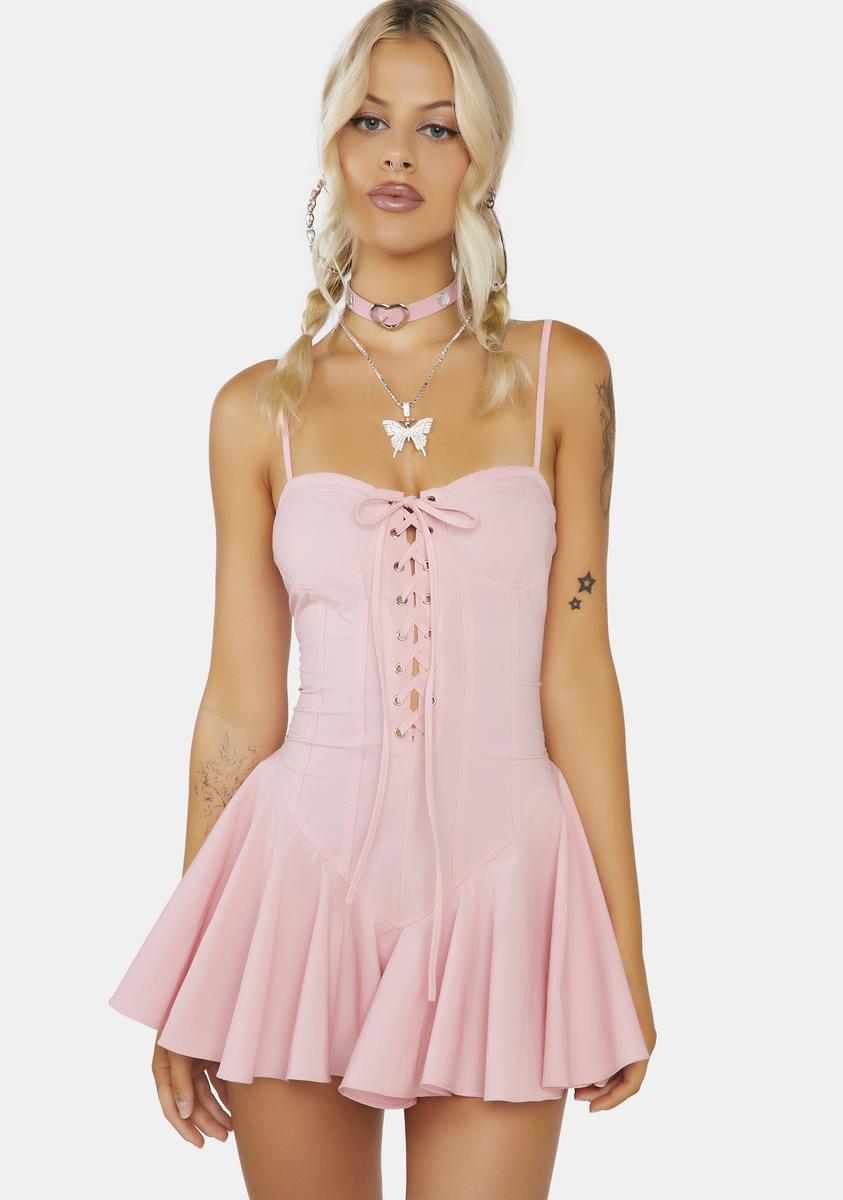 Lace Up Fit Flare Ruffle Mini Dress - Pink