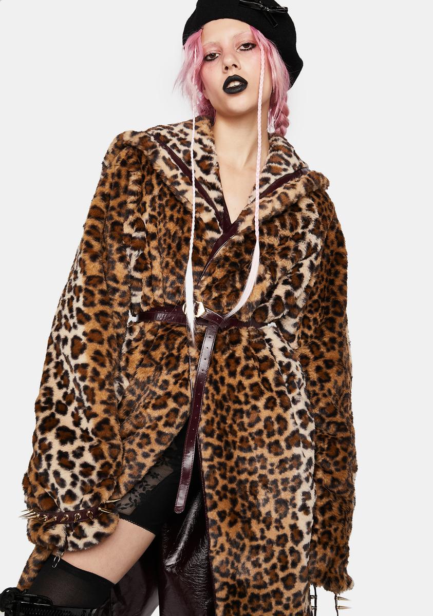 No Dress Vegan Leather Faux Fur Leopard Coat - Brown