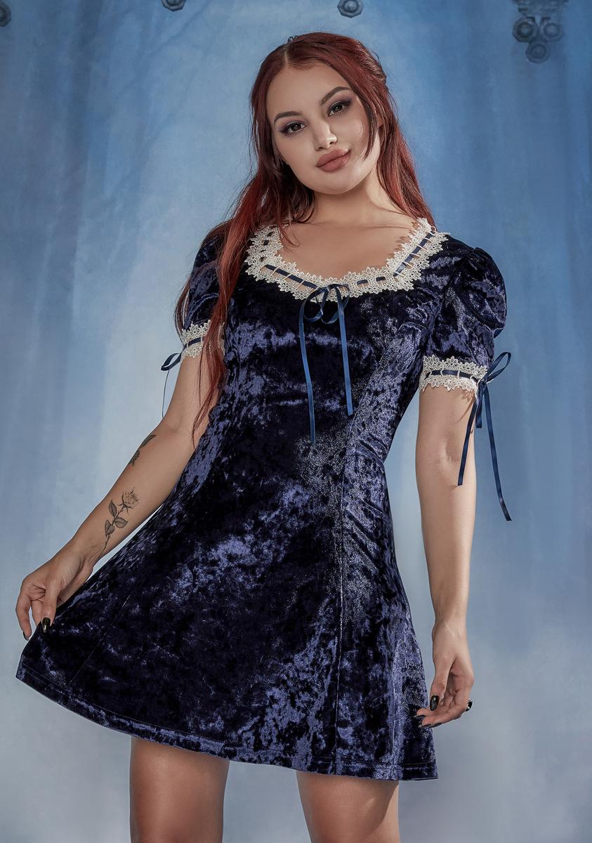 Widow Dark Fairy Crushed Velvet Lace Trim Mini Dress - Blue