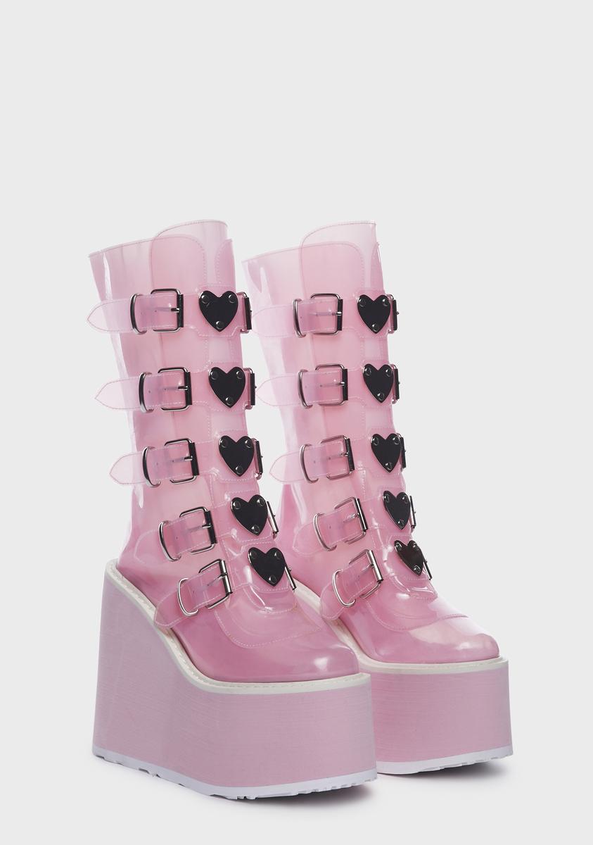 Demonia Swing-230C Heart Buckle Platform Boots - Clear Baby Pink Tpu