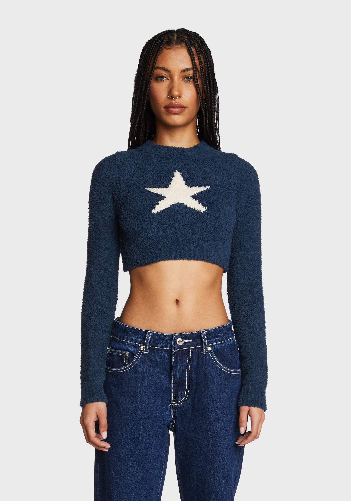 Edikted Knit Star Graphic Cropped Sweater Blue Dolls Kill