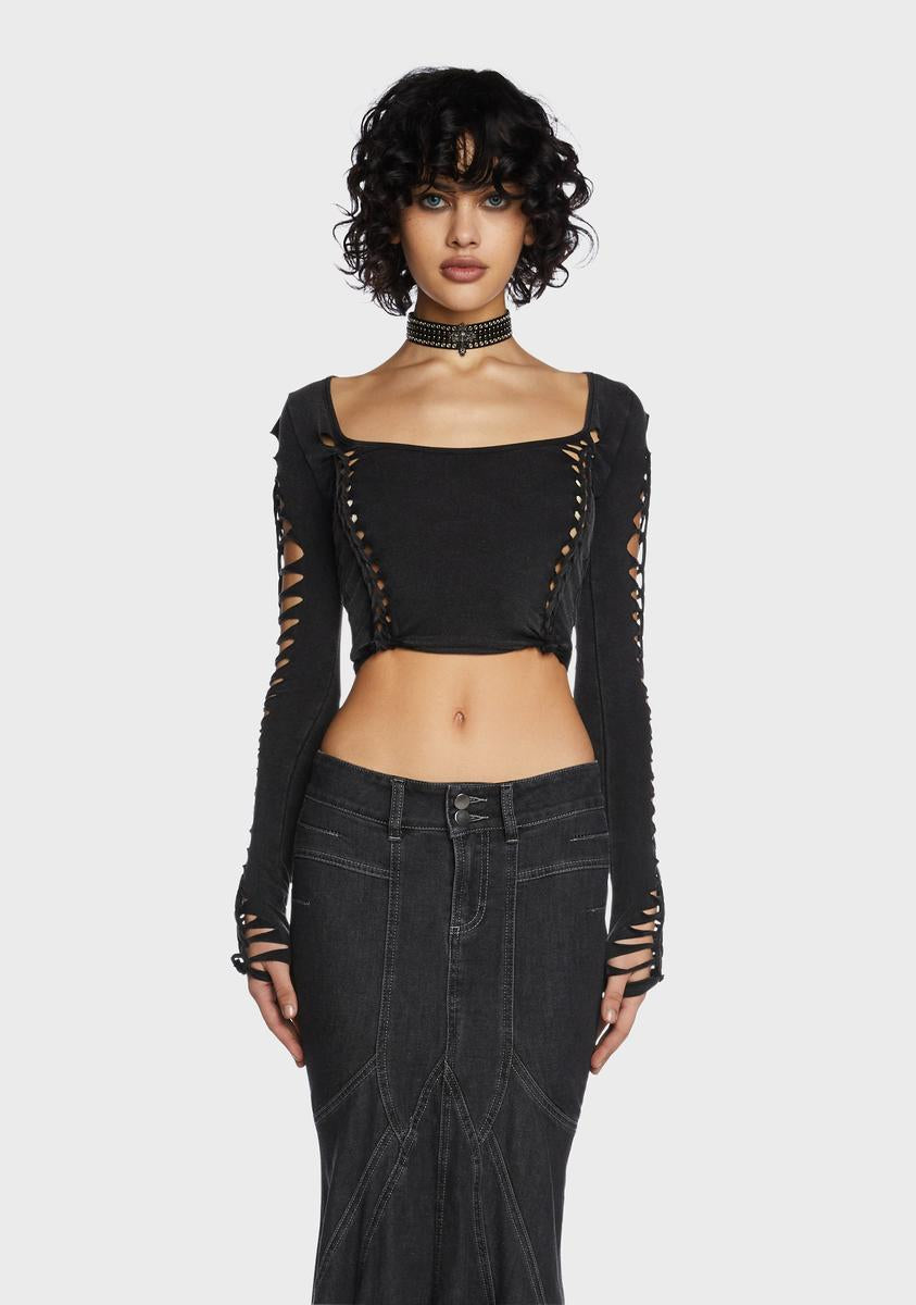 Current Mood Slashed Cut Out Long Sleeve Crop Top - Washed Black
