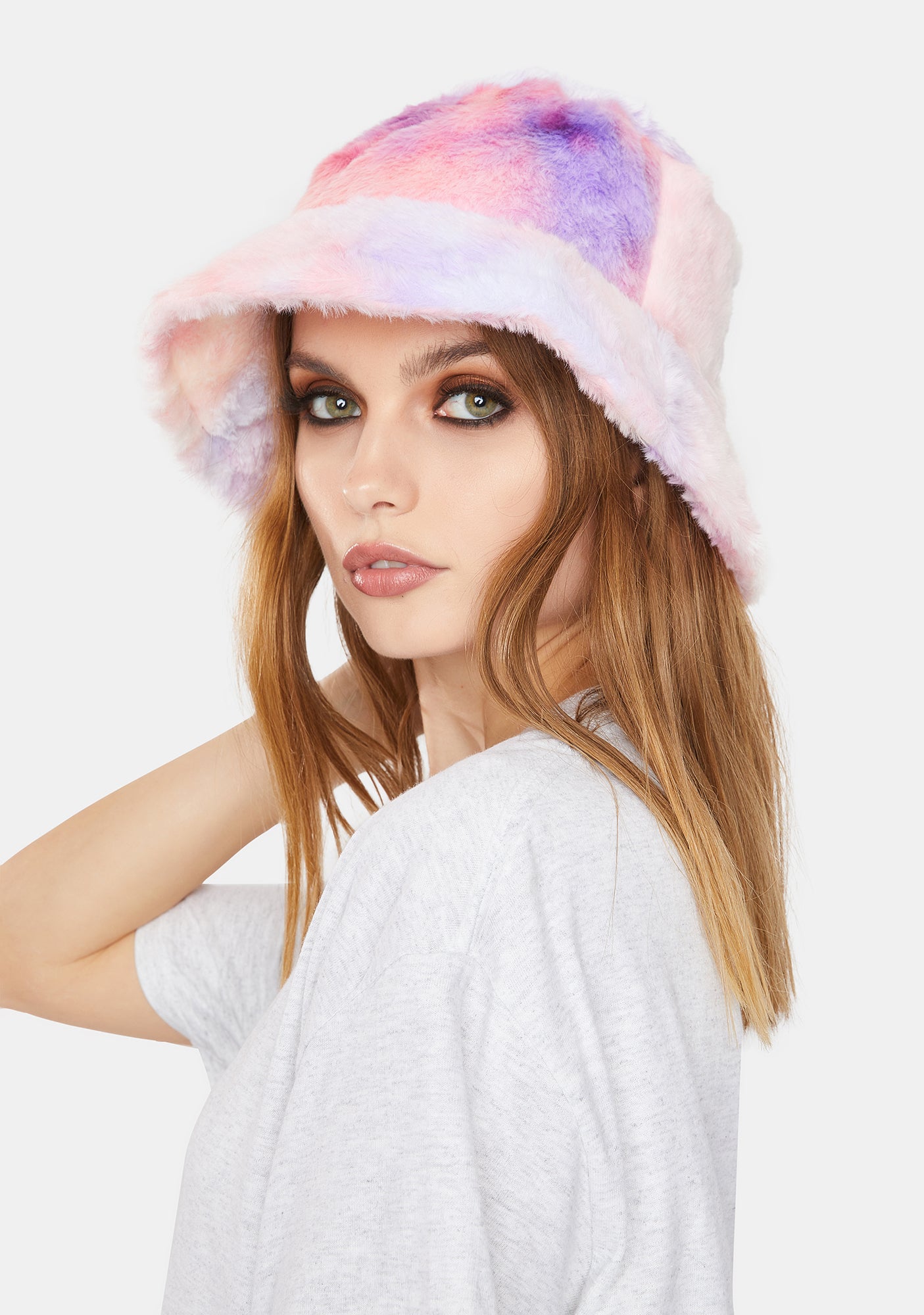Tie Dye Faux Fur Bucket Hat - Rainbow Purple – Dolls Kill