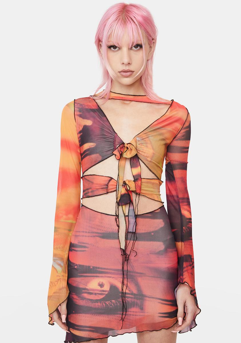Jaded London Eye Print Tie Front Mesh Dress