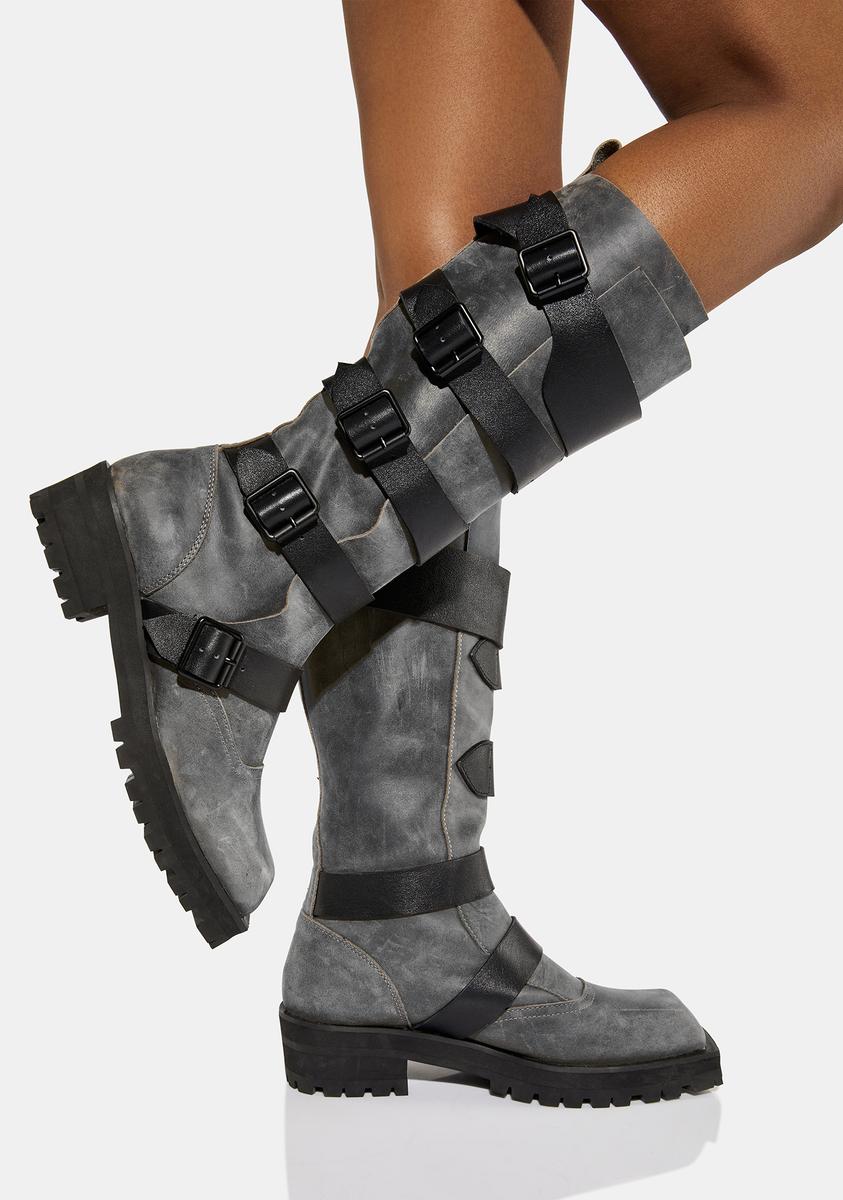 Darker Wavs Slouchy Buckle Knee High Boots – Dolls Kill