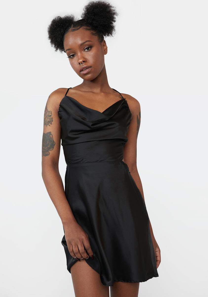 Satin Cowl Neck Open Back Mini Dress