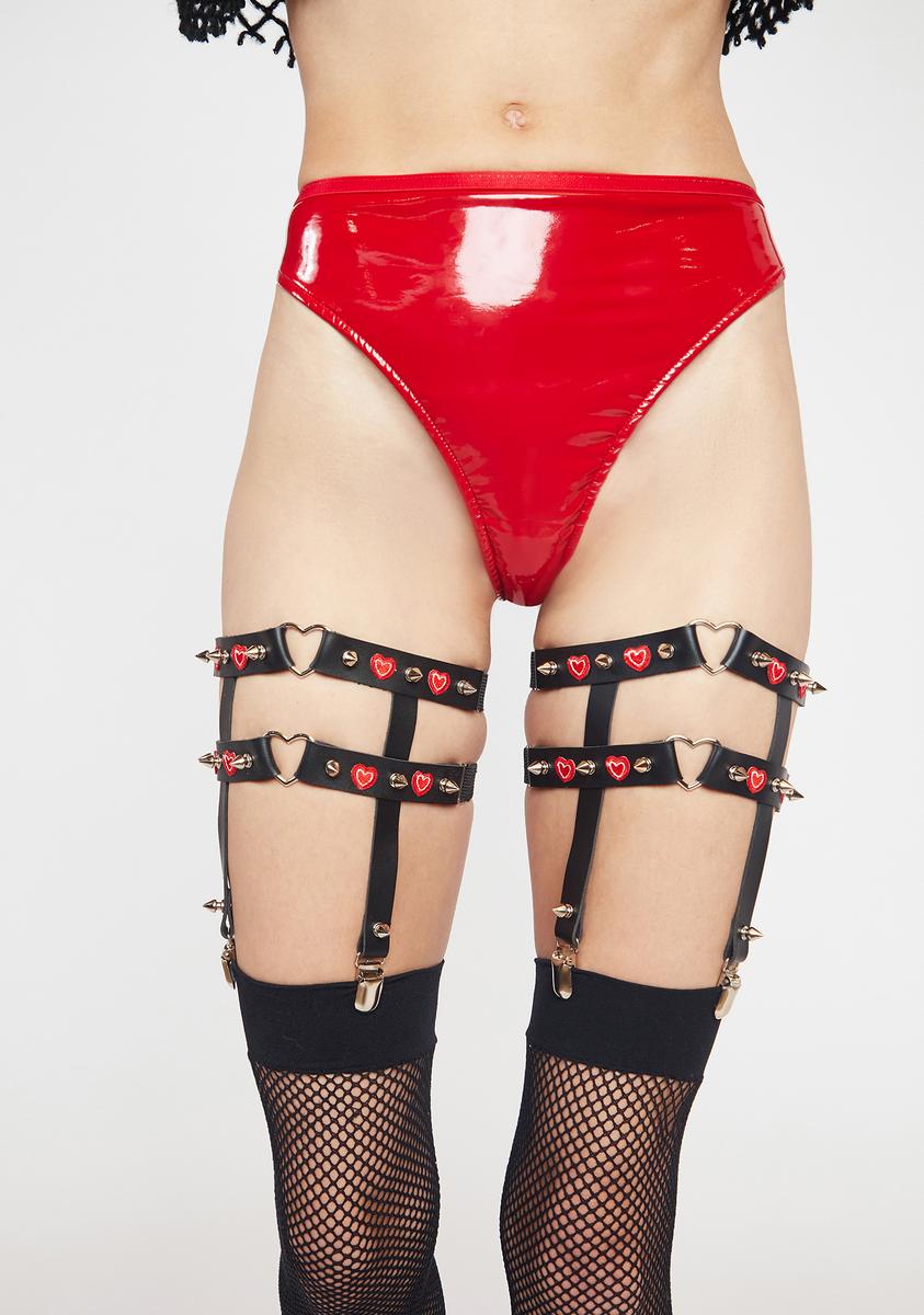 Vegan Leather Garters With Heart Patches Spike Studs - Black Dolls Kill Vegan Leather Garters With Heart Patches Spike Studs - Black Dolls Kill