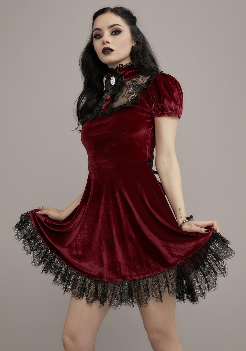 Widow High Neck Velvet Lace Puff Sleeve Mini Dress - Red