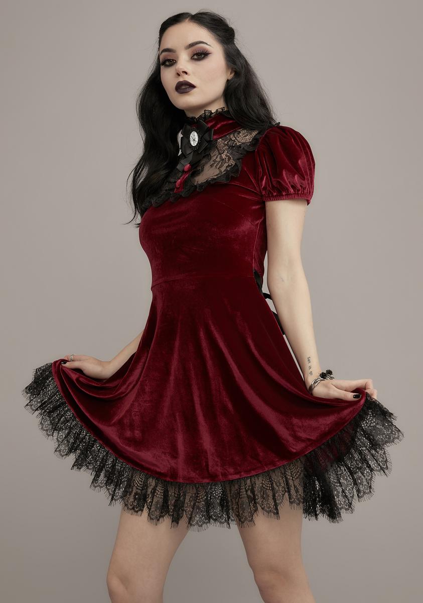 Widow High Neck Velvet Lace Puff Sleeve Mini Dress - Red Widow High Neck Velvet Lace Puff Sleeve Mini Dress - Red
