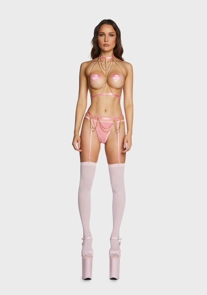 Strappy Chain Bra Top Thong Garter Belt - Pink  Dolls Kill