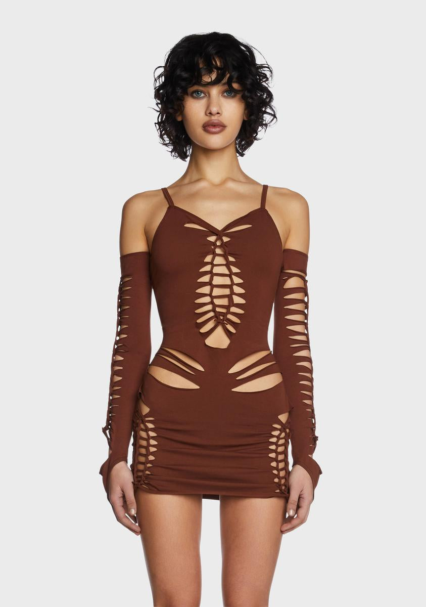 Current Mood Cut Out Tied Mini Bodycon Dress - Brown