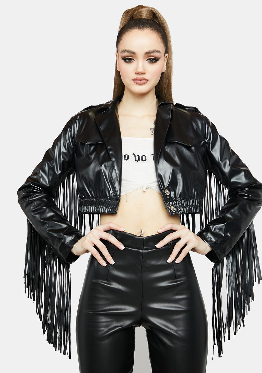 Cropped Jacket Vegan Leather Fringe Jacket FUFUCAILLM Vintage Faux