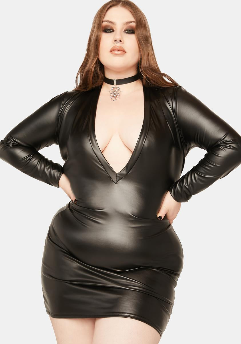 Plus Size Plunging Deep V-Neckline Vegan Leather Dress - Black Dolls Kill Plus Size Plunging Deep V-Neckline Vegan Leather Dress - Black Dolls Kill