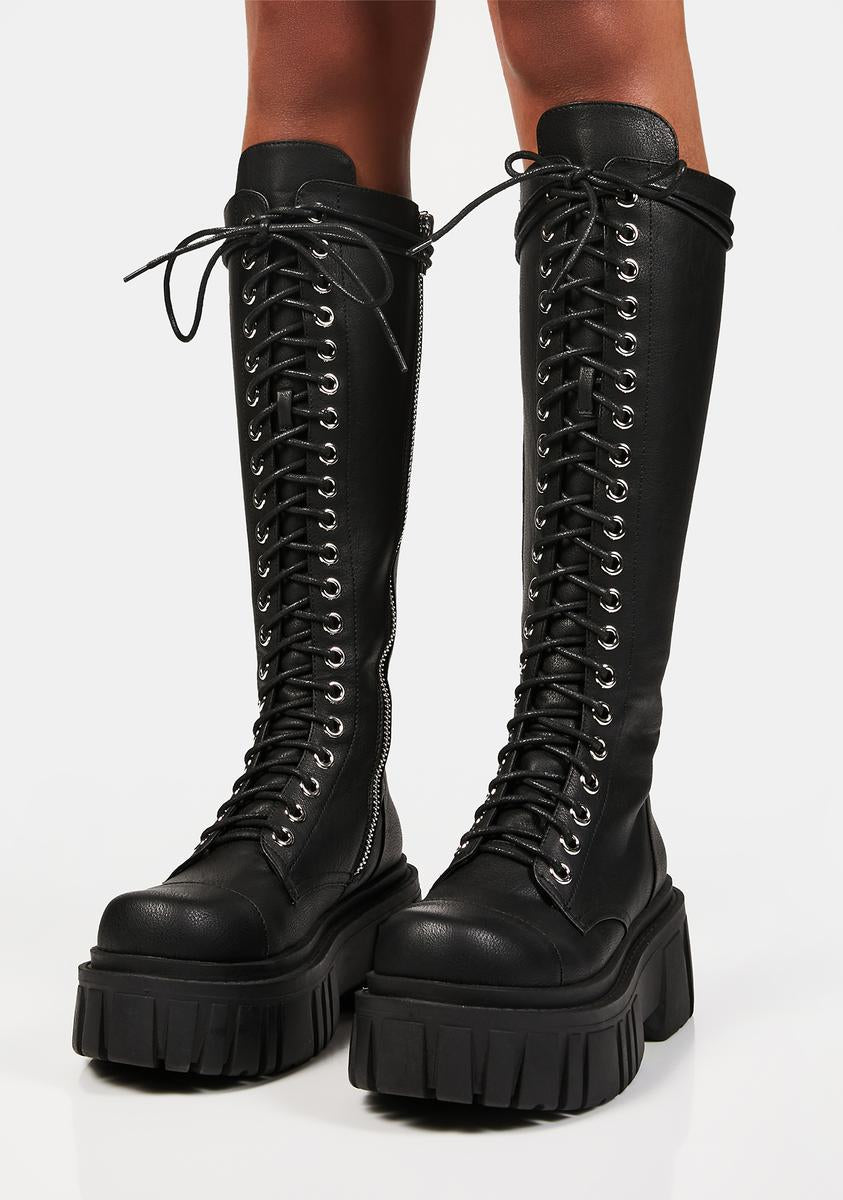 Current Mood 20 Eye Knee High Combat Boots – Dolls Kill