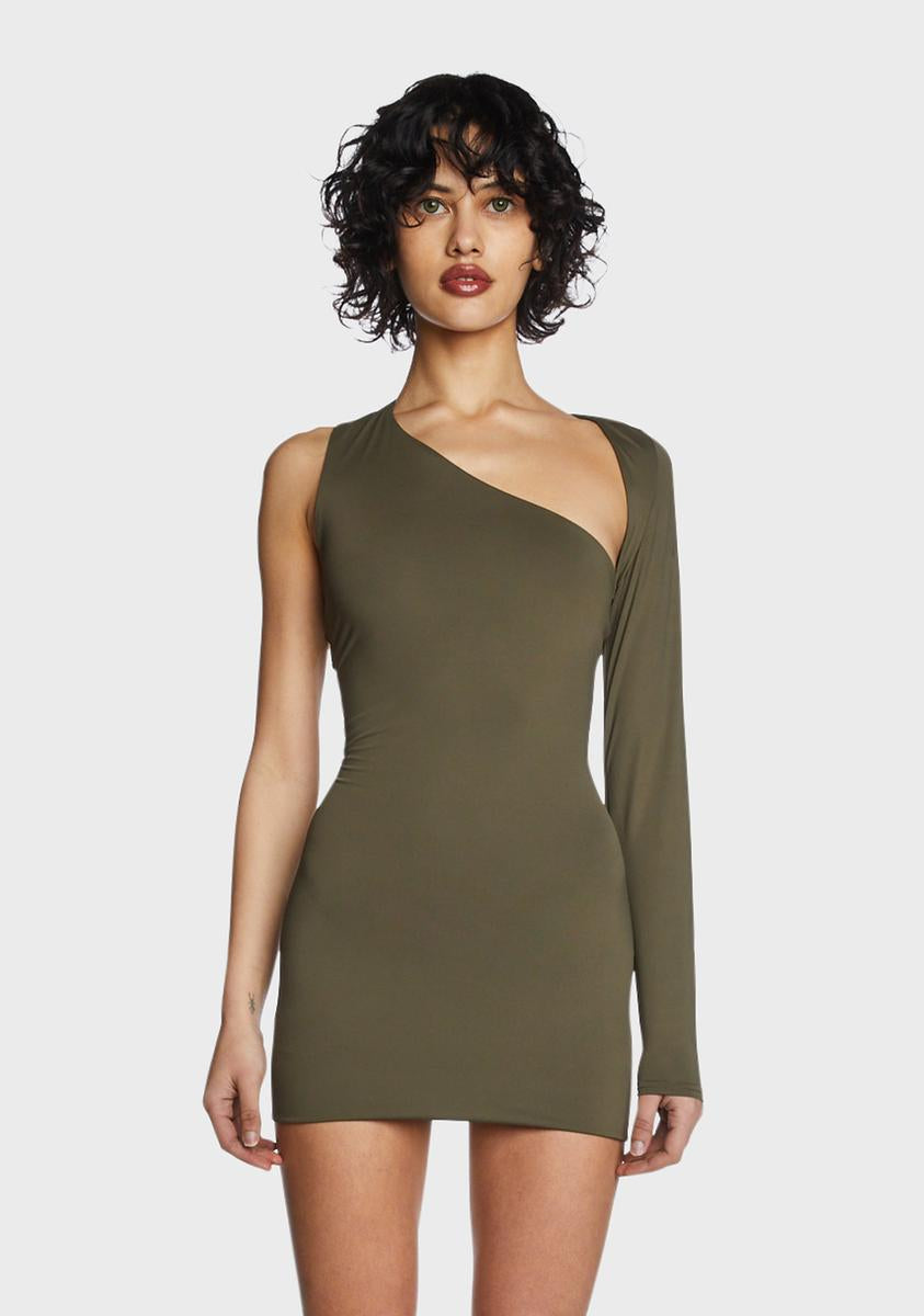green one shoulder cut out dress Pretty Garbage One Sleeve Cut Out Mini Dress