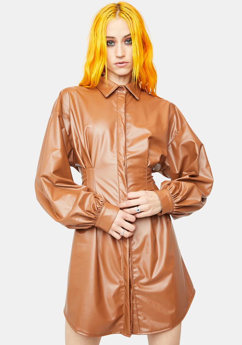 Vegan Leather Oversized Balloon Sleeve Shirt Dress - Brown Dolls Kill Vegan Leather Oversized Balloon Sleeve Shirt Dress - Brown Dolls Kill
