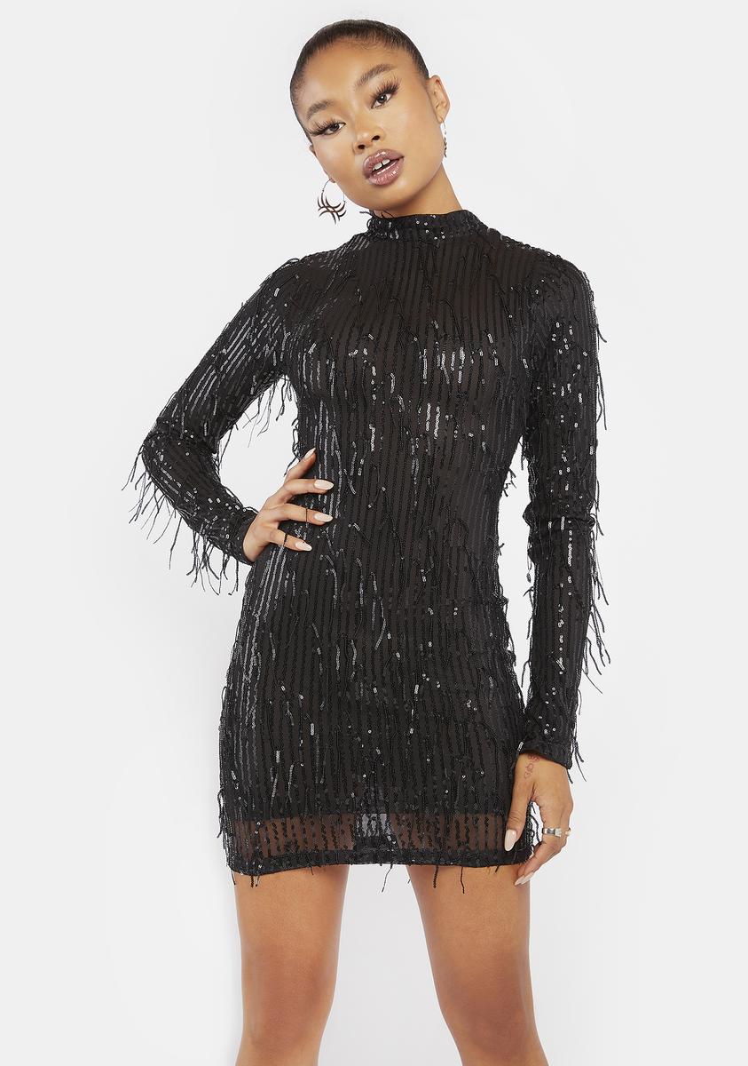 Mock Neck Long Sleeve Sequin Fringe Mini Dress - Black Dolls Kill Mock Neck Long Sleeve Sequin Fringe Mini Dress - Black Dolls Kill