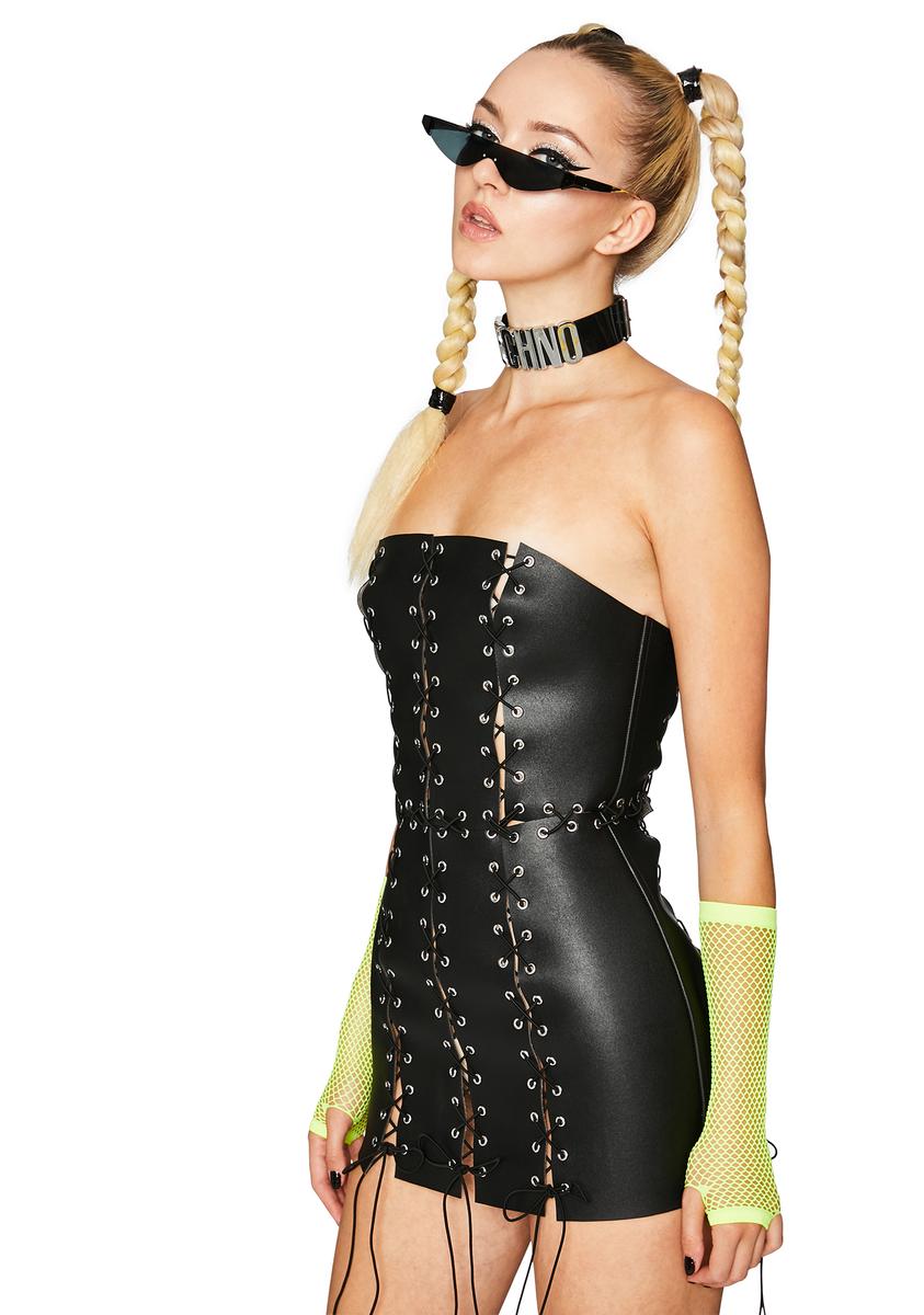 Club Exx Vegan Leather Lace Up Dress