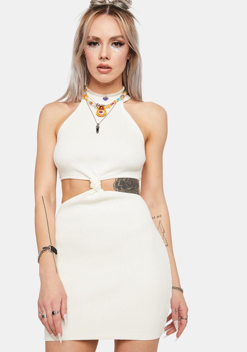 Festival High Neck Sleeveless Knotted Cut Out Knit Mini Dress - White Dolls Kill Festival High Neck Sleeveless Knotted Cut Out Knit Mini Dress - White Dolls Kill