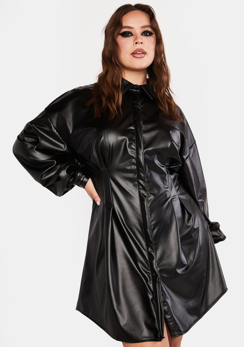 Plus Size Vegan Leather Oversized Balloon Sleeve Shirt Dress - Black Plus Size Vegan Leather Oversized Balloon Sleeve Shirt Dress - Black