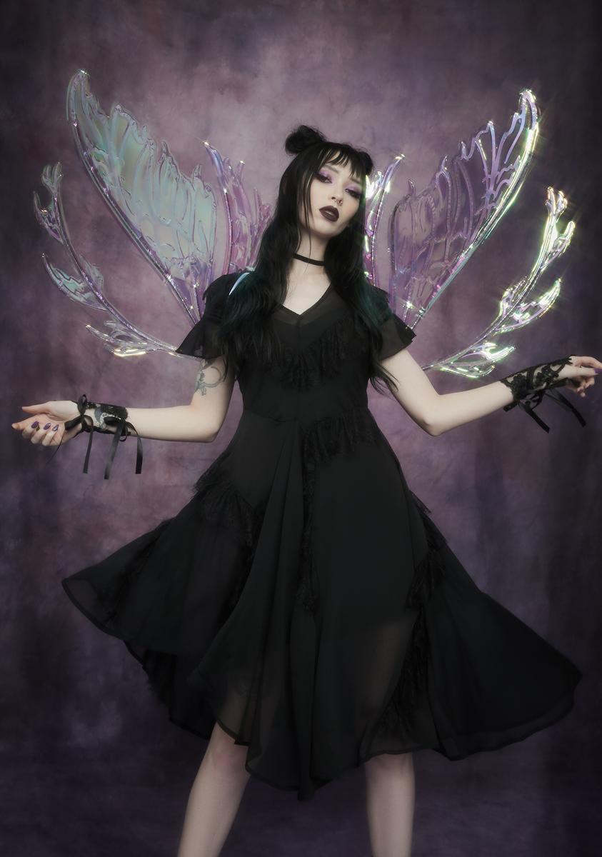 Widow Fairy Lace Chiffon Midi Dress - Black