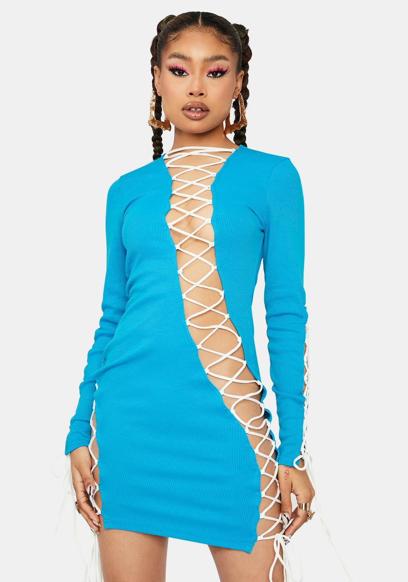 Contrast Lace Up Bodycon Mini Dress - Blue/White Dolls Kill Contrast Lace Up Bodycon Mini Dress - Blue/White Dolls Kill