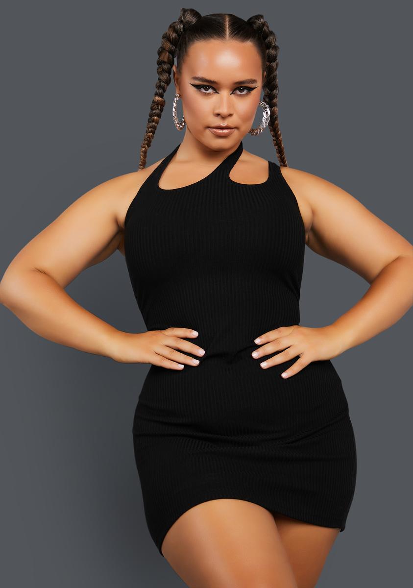 Plus Size Poster Grl Asymmetric Strap Ribbed Mini Dress