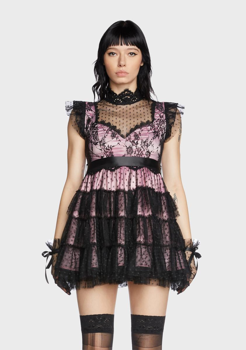 Unholy Swiss Dot Mesh Tiered Mini Dress - Pink/Black Dolls Kill Unholy Swiss Dot Mesh Tiered Mini Dress - Pink/Black Dolls Kill