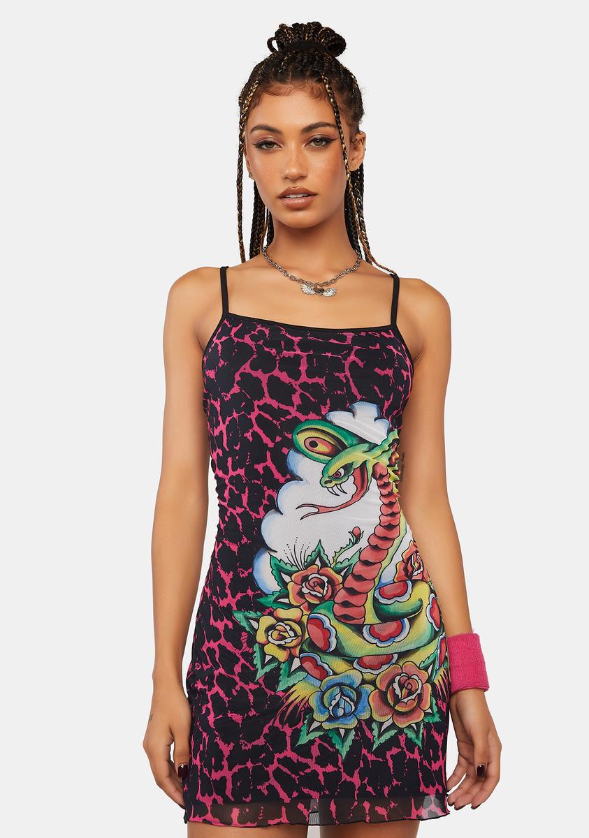 burgundy slip on dress shoes Ed Hardy x Dolls Kill Dragon Print Mesh Mini Dress main image 0