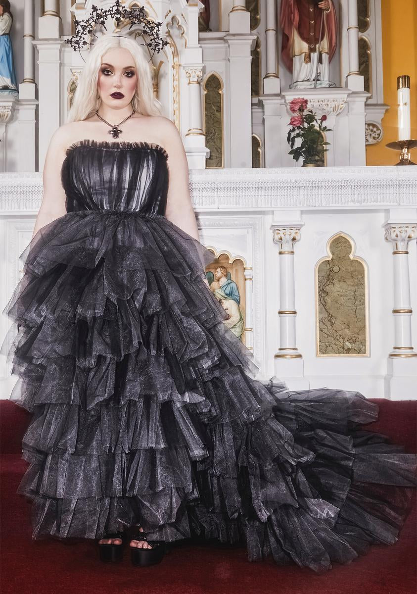 Plus Size Unholy Tulle Overlay Layered Ruffle Maxi Dress - Black/Grey Dolls Kill Plus Size Unholy Tulle Overlay Layered Ruffle Maxi Dress - Black/Grey Dolls Kill