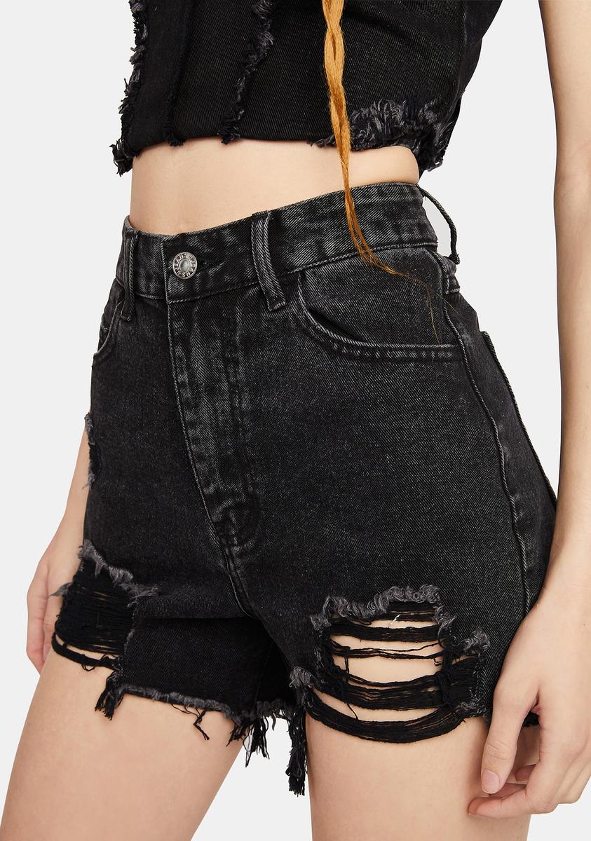 Black Distressed High Rise Shorts Acid Wash Distressed High