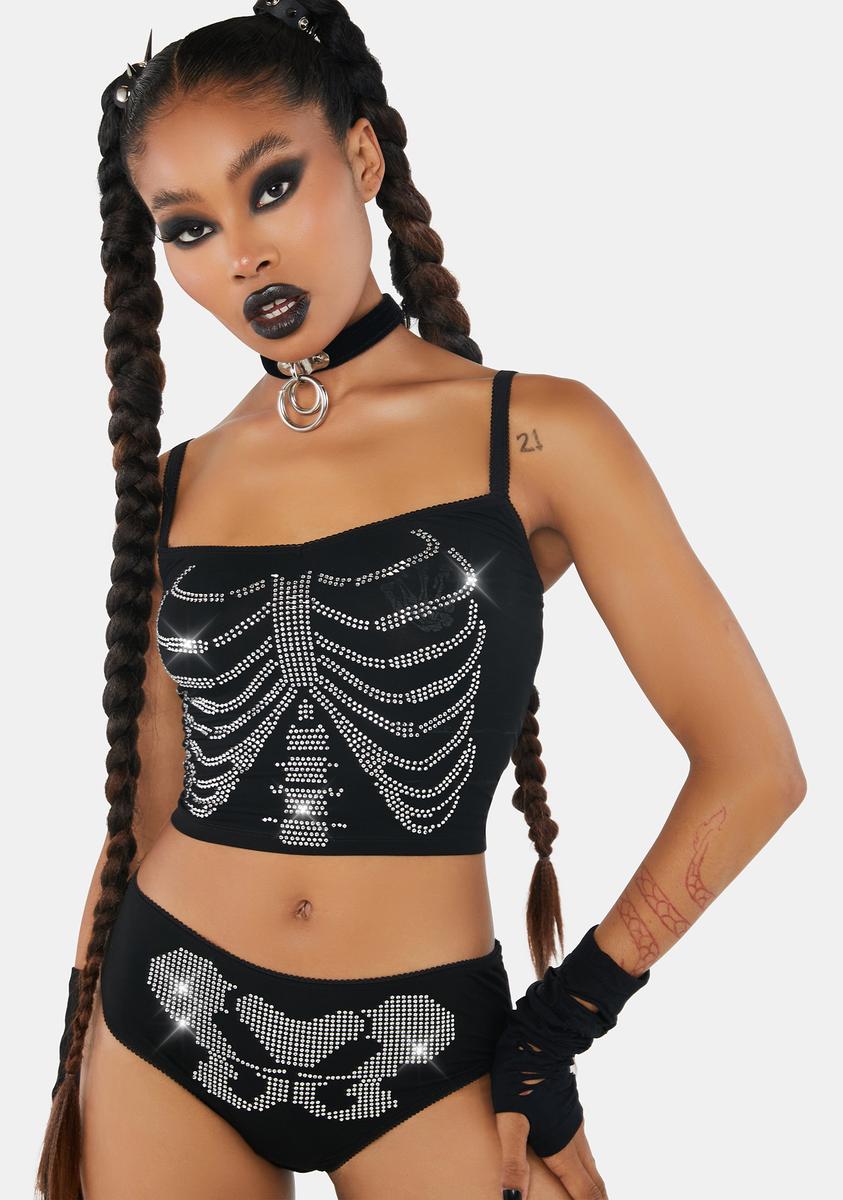 Trickz N' Treatz Rhinestone Skeleton Bone Tank & Undies Set - Black Dolls Kill Trickz N' Treatz Rhinestone Skeleton Bone Tank & Undies Set - Black Dolls Kill