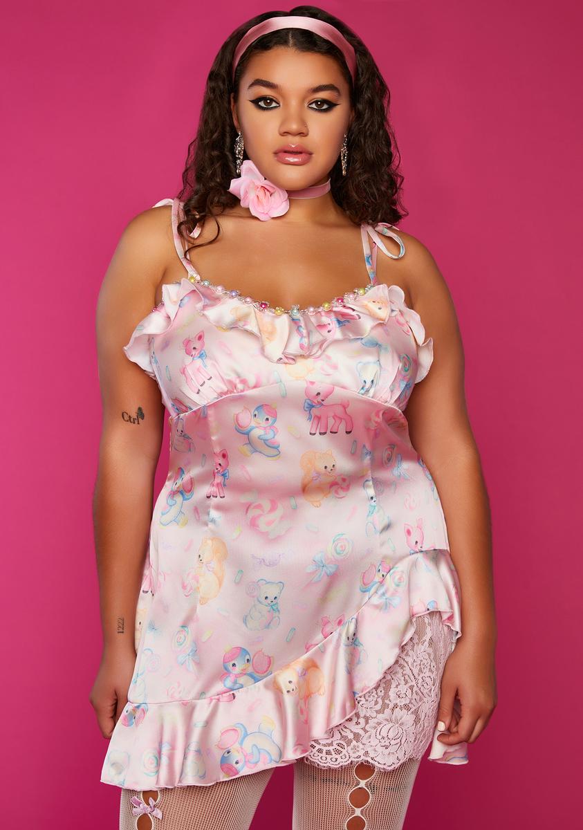 Plus Size Sugar Thrillz Candy Critters Print Ruffle Mini Dress Pink
