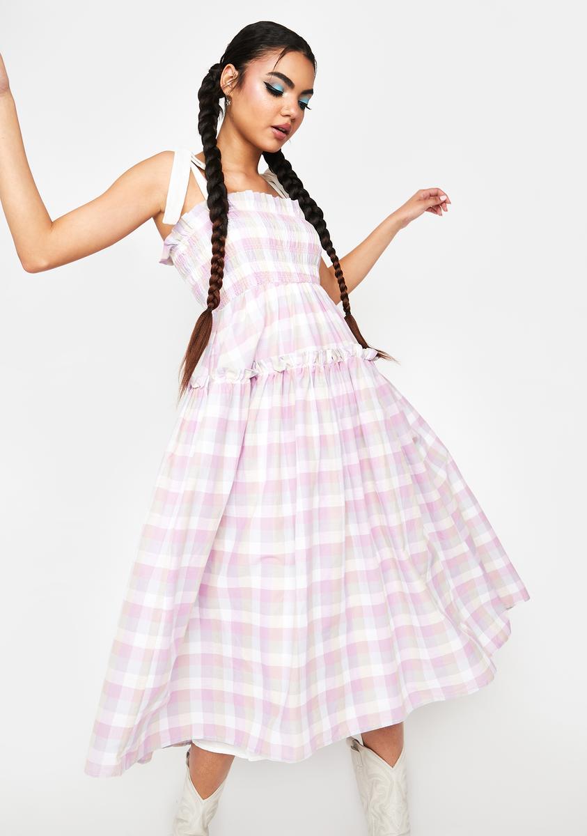 Tie Strap Ruffle Gingham Print Maxi Dress - Pink Dolls Kill Tie Strap Ruffle Gingham Print Maxi Dress - Pink Dolls Kill