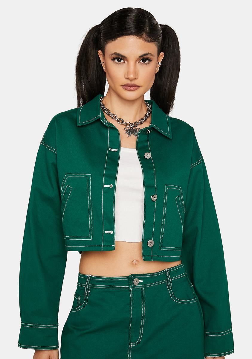 Green contrast deals stitch denim jacket