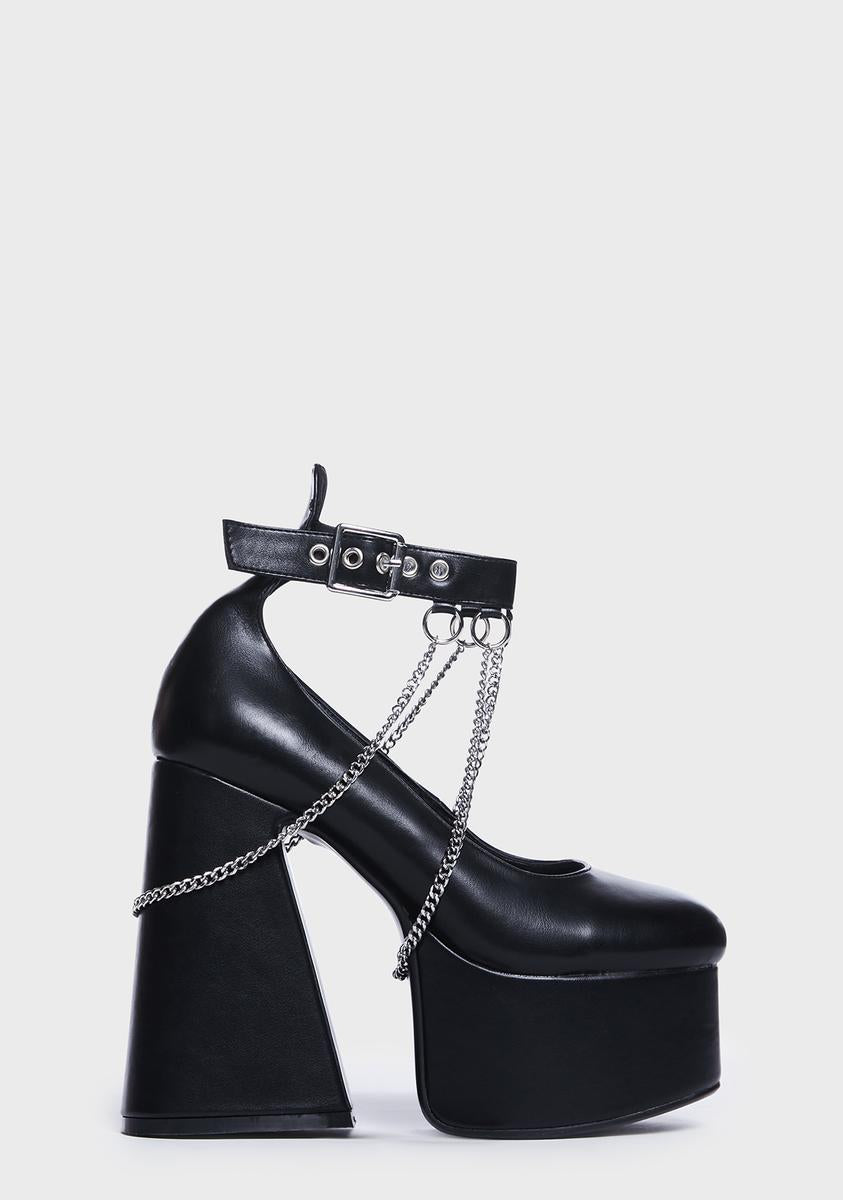 Lamoda Vegan Leather Chain Platform Heels - Black