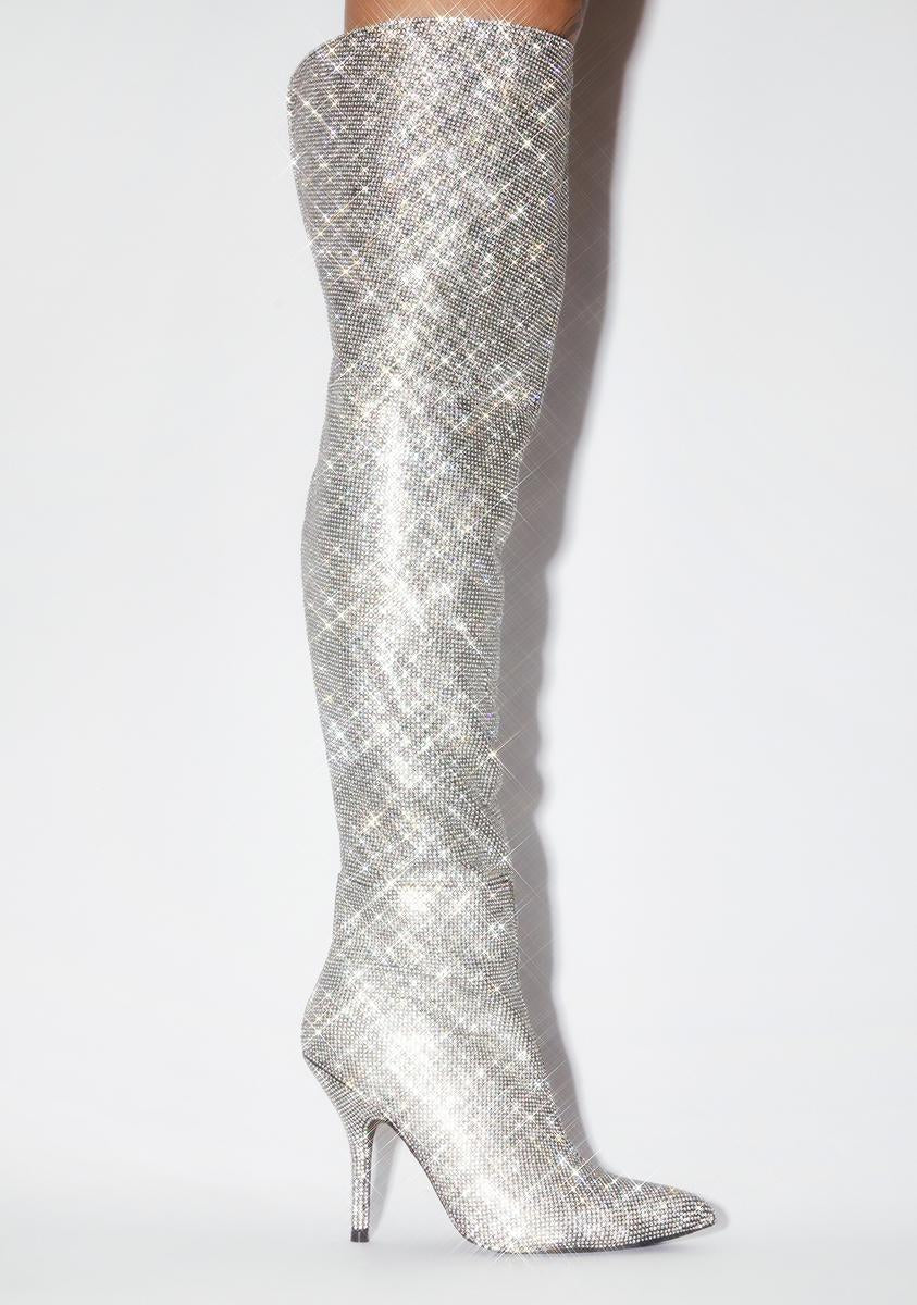 Thigh High Silver Sparkly Booties Rhinestone Embellished Thigh