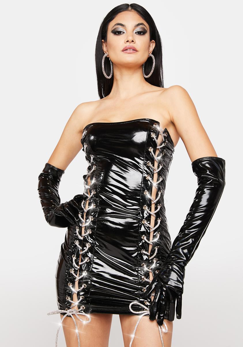 Rhinestone Lace Up Vinyl Bodycon Dress