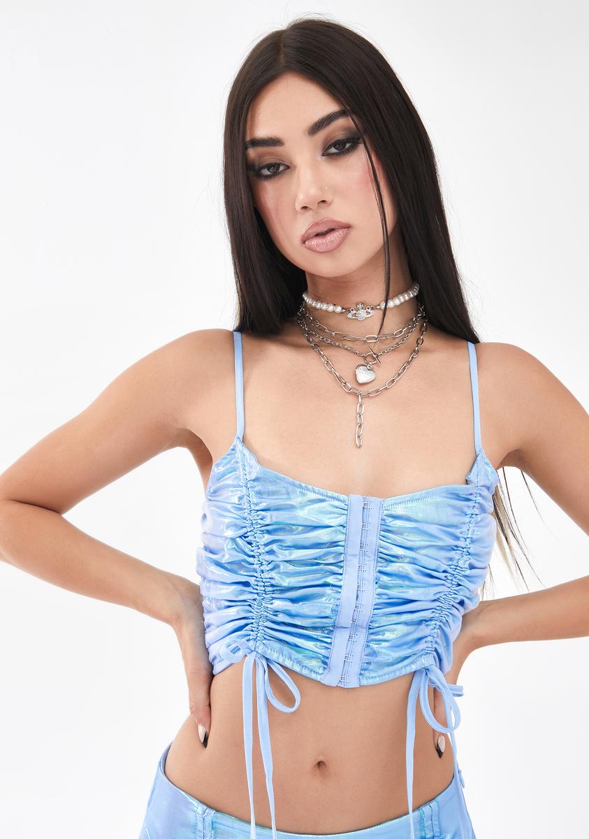 Horoscopez Cancer Iridescent Ruched Hook And Eye Crop Top - Blue