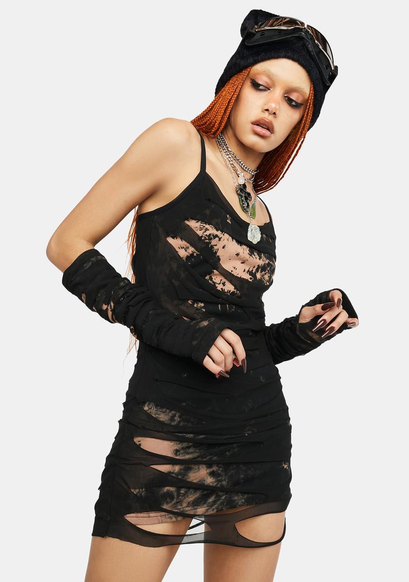 black ripped dress Black Shredded Backless Long Sleeve Knit Mini Dress main image 1