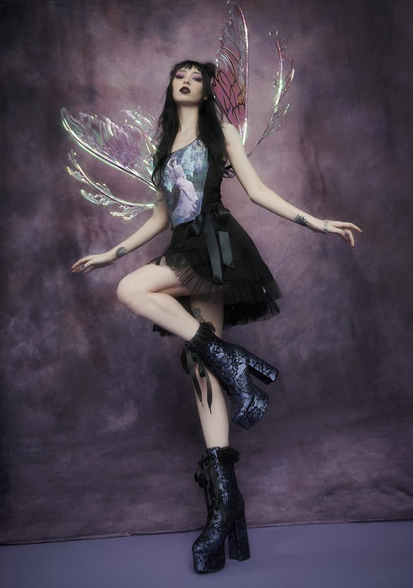 Widow Fairy Lace Satin Platform Ankle Boots - Purple Black