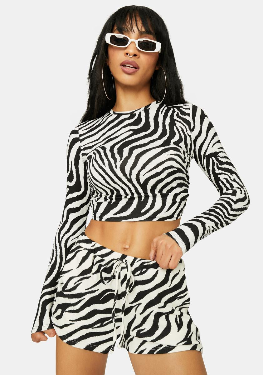 Zebra Print Top With Cutout Tie Back Black/White Dolls Kill