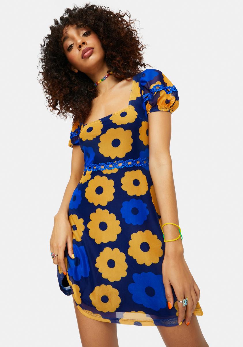 blue and yellow mini dress Delias Groovy Crochet Trim Floral Mini Dress