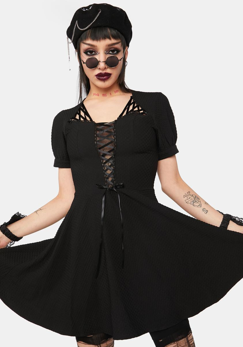Dark In Love Puff Sleeve Lace Up Mini Dress - Black  Dolls Kill
