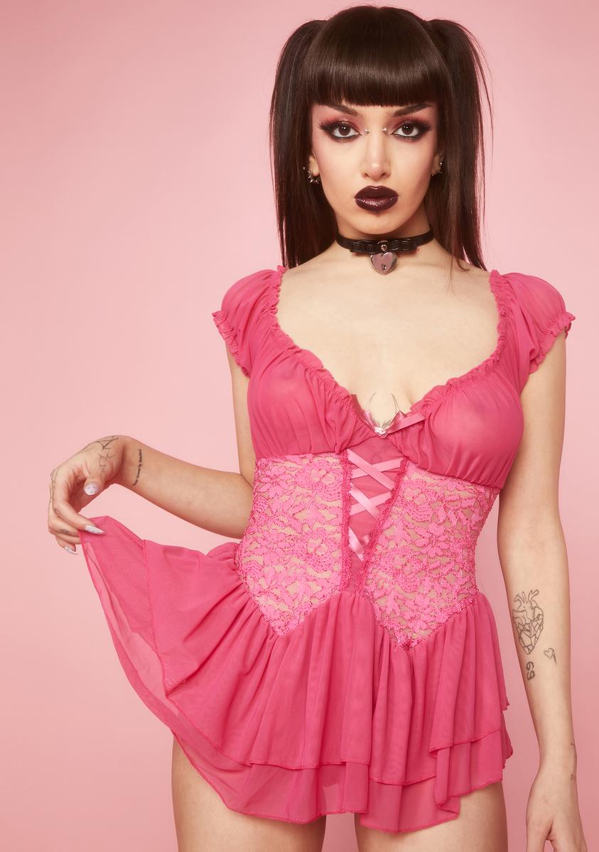 Sugar Thrillz Tiered Ruffle Lace Panel Mesh Teddy - Dark Pink